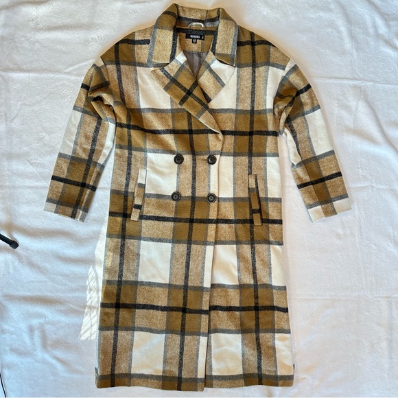 Missguided Tan Cream White Plaid Warm Long Peacoat, size US 6 - Picture 9 of 16